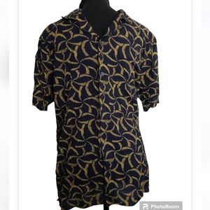 Murano Men Navy Gold Rope Print Pattern Short Sleeve Button Front Closure Shirt